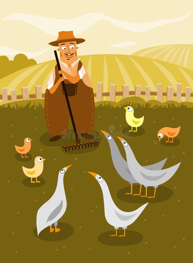 Illustration of farmer with geese and chicken on the farm yard. Illustration of farmer with geese and chicken on the farm yard.