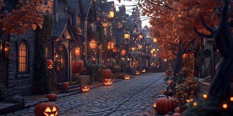 Хэллоуин город Джек Olantern Street Сцена Осенняя ночь Фон бесплатная иллюстрация