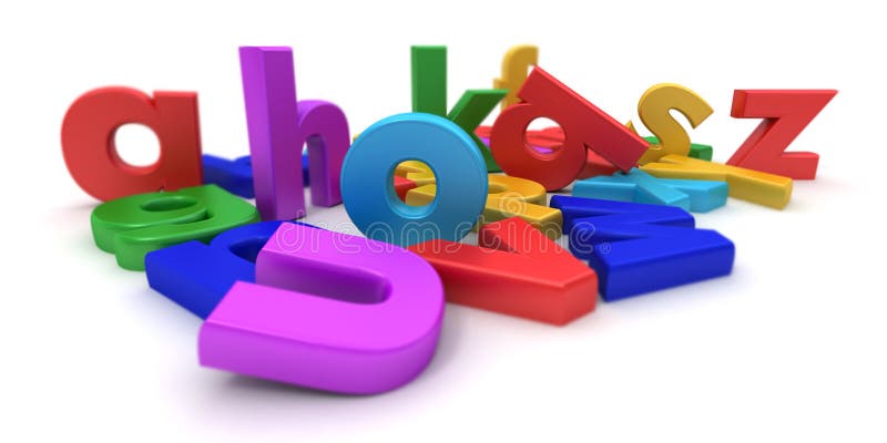 3D rendering of differently colored letters of the alphabet in different positions against a white background. 3D rendering of differently colored letters of the alphabet in different positions against a white background