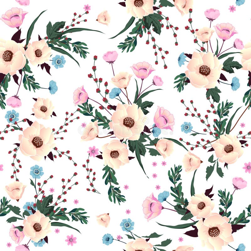 Seamless Pattern wind blow blooming flowers, Isolated on white color. Botanical Floral Decoration Texture. Vintage Style Design for Fabric Print, Wallpaper Background. Seamless Pattern wind blow blooming flowers, Isolated on white color. Botanical Floral Decoration Texture. Vintage Style Design for Fabric Print, Wallpaper Background.