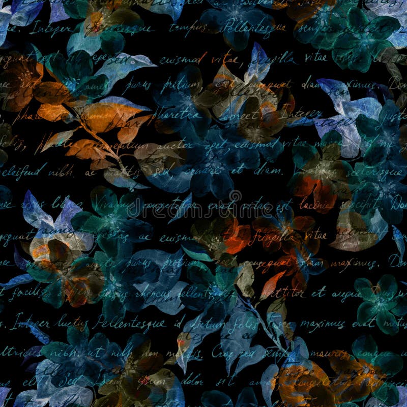 Night mysterious flowers with hand written letter text. Black background. Seamless pattern. Night mysterious flowers with hand written letter text. Black background. Seamless pattern