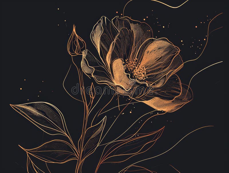 цветник peony с золотистой линией на черном фоне. иллюстрация. аи иллюстрация штока