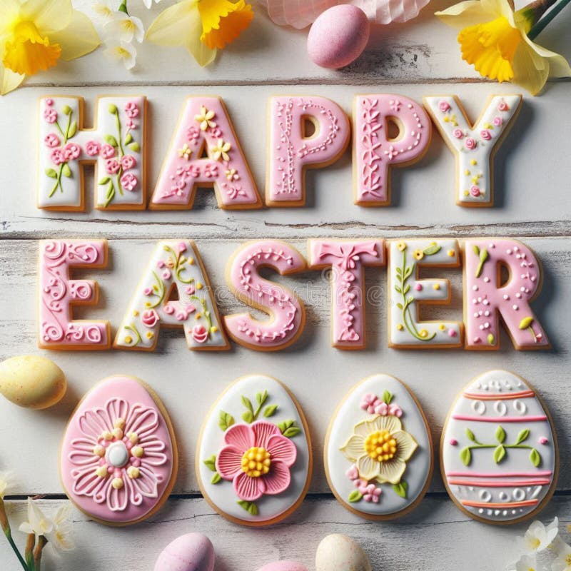 Цветные печенья заклинают СЧАСТЛИВОЕ EASTER с замысловатым цветочным обледенением в розовом и белом иллюстрация штока
