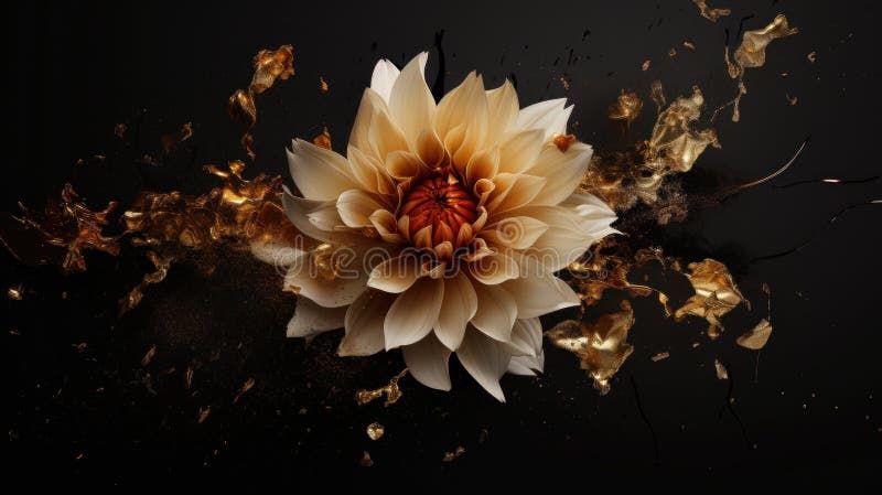 цветок далиа на черном фоне с золотыми брызгами 3d иллюстрация generative ai иллюстрация штока