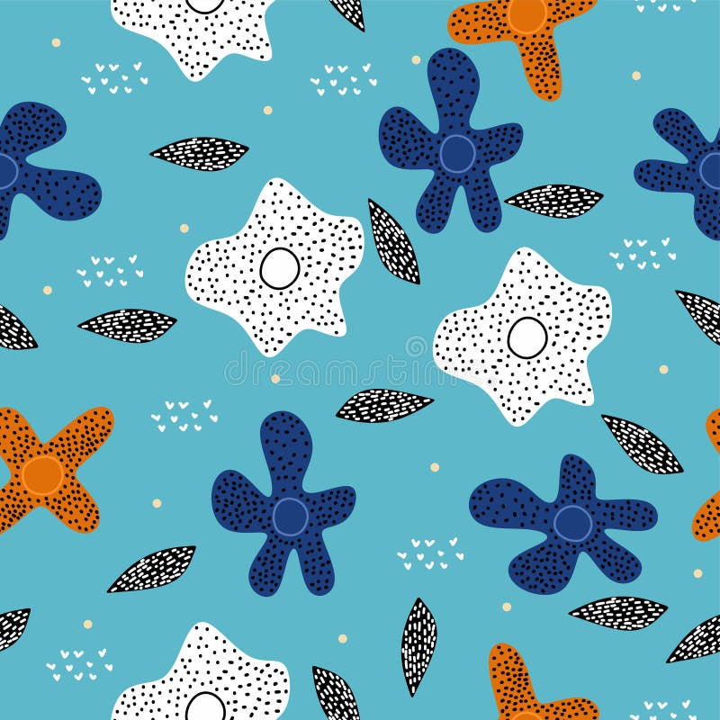 Floral pattern with scandinavian drawing cartoon colorful elements on blue background. Cute and unique nature objects seamless hand drawn background for baby and kids apparel fashion textile print, vintage, spring, flower, modern, wallpaper, vector, texture, decorative, illustration, design, summer, abstract, ornament, leaf, retro, whimsical, pastel, heart, daisy, pale, pink, nursery, child, fabric, grey, surface, blossom, wrapping, decoration, repeat, garden, fun, happy. Floral pattern with scandinavian drawing cartoon colorful elements on blue background. Cute and unique nature objects seamless hand drawn background for baby and kids apparel fashion textile print, vintage, spring, flower, modern, wallpaper, vector, texture, decorative, illustration, design, summer, abstract, ornament, leaf, retro, whimsical, pastel, heart, daisy, pale, pink, nursery, child, fabric, grey, surface, blossom, wrapping, decoration, repeat, garden, fun, happy