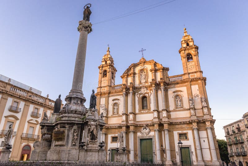 Immaculate Conception column and facade of Saint Dominic Church in Palermo, Sicily Island in Italy, san, domenico, st, logia, castellammare, loggia, district, city, piazza, square, palermitan, sicilia, italian, republic, isle, palermu, old, town, historic, historical, building, architecture, sacral, religion, catholic, catholicism, roman, pillar, statue, monument, sculpture. Immaculate Conception column and facade of Saint Dominic Church in Palermo, Sicily Island in Italy, san, domenico, st, logia, castellammare, loggia, district, city, piazza, square, palermitan, sicilia, italian, republic, isle, palermu, old, town, historic, historical, building, architecture, sacral, religion, catholic, catholicism, roman, pillar, statue, monument, sculpture