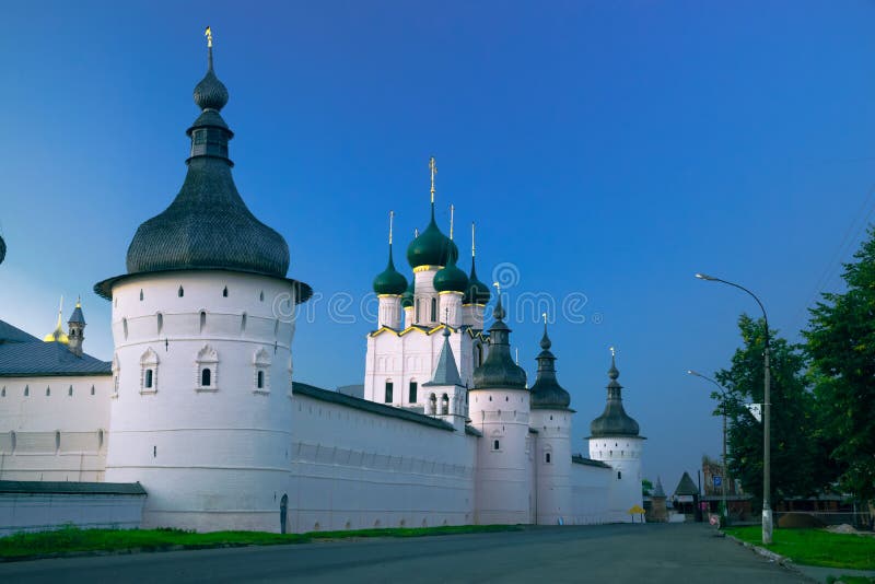 Assumption Cathedral and church of Resurrection in Rostov Kremlin. The ancient town of Rostov The Great is a tourist center of the Golden Ring of Russia. Assumption Cathedral and church of Resurrection in Rostov Kremlin. The ancient town of Rostov The Great is a tourist center of the Golden Ring of Russia.