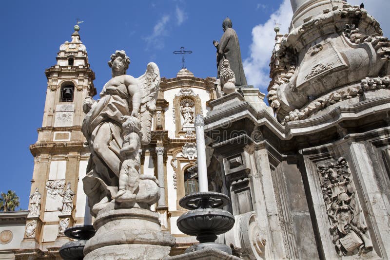 Palermo - San Domenico - Saint Dominic church and baroque column. Palermo - San Domenico - Saint Dominic church and baroque column