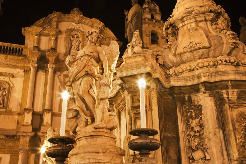 Palermo - San Domenico - Saint Dominic church and baroque column at night. Palermo - San Domenico - Saint Dominic church and baroque column at night
