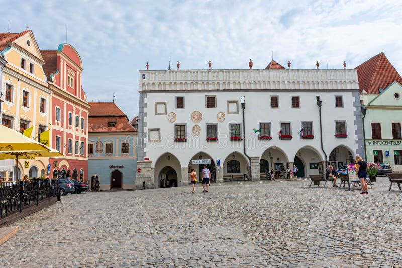 CESKY KRUMLOV, CZECH REPUBLIC, 1 AUGUST 2020: beautiful square in the historic center. CESKY KRUMLOV, CZECH REPUBLIC, 1 AUGUST 2020: beautiful square in the historic center