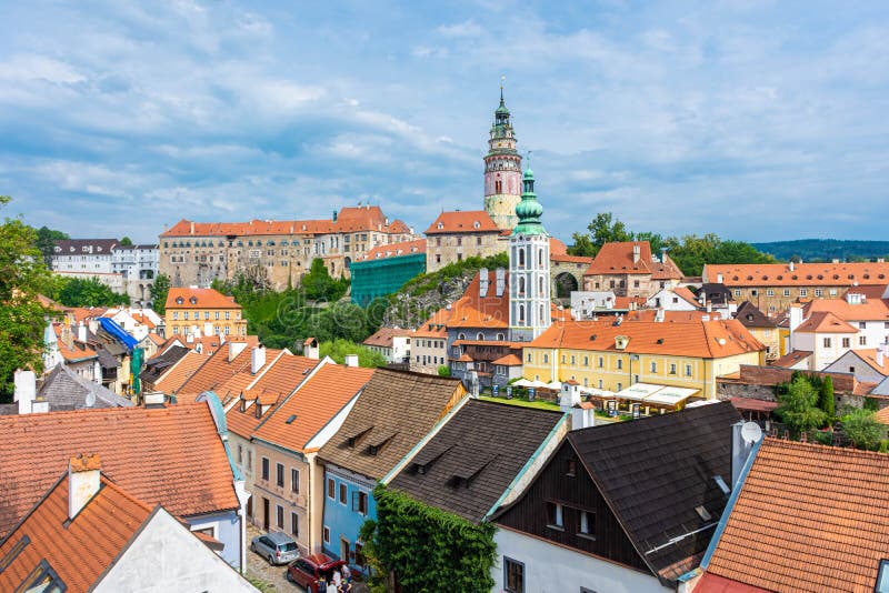 CESKY KRUMLOV, CZECH REPUBLIC, 1 AUGUST 2020: the rooftops of the historic center. CESKY KRUMLOV, CZECH REPUBLIC, 1 AUGUST 2020: the rooftops of the historic center