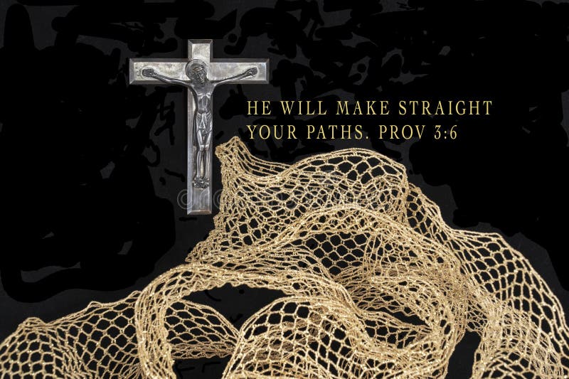 Crooked path in the foreground is represented by gold netting or cloth webbing. The text is a message and there is room to add more text. Announcing Jesus crucifixion on a cross is in the background. The crucifix is old tarnished silver. Crooked path in the foreground is represented by gold netting or cloth webbing. The text is a message and there is room to add more text. Announcing Jesus crucifixion on a cross is in the background. The crucifix is old tarnished silver.