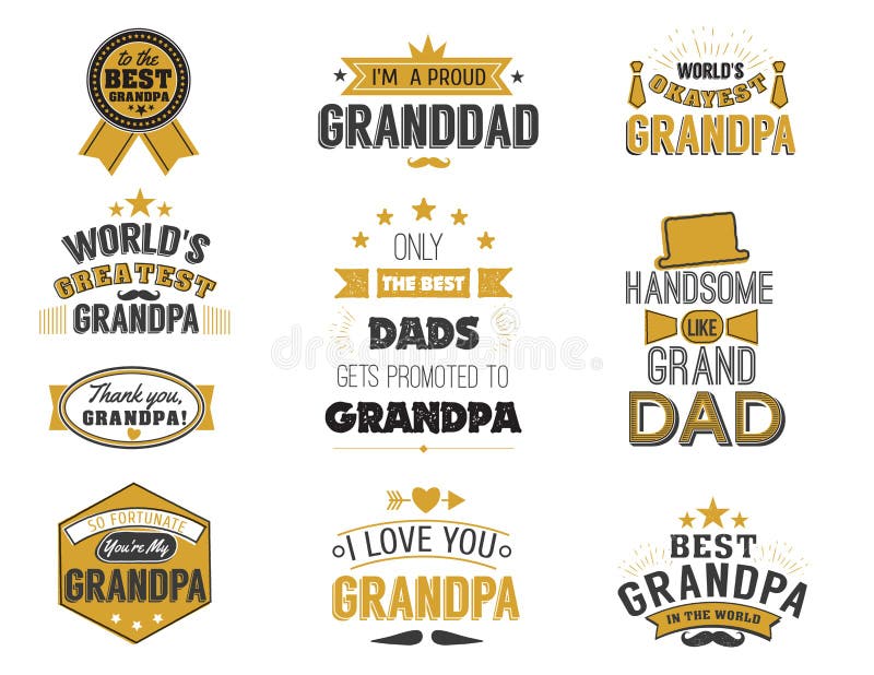 Grandfathers quotes on the white background. Grandpa congratulation label in black and gols colors, badge vector collection. Granddads Mustache, hat, stars elements for design. Grandfathers quotes on the white background. Grandpa congratulation label in black and gols colors, badge vector collection. Granddads Mustache, hat, stars elements for design.