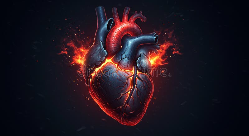 Цифровая иллюстрация человеческого сердца, изображенная стилизованными огненными элементами. В иллюстрация штока