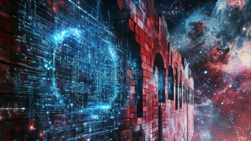 Цифровая крепость в ярком голубом пространстве с сетевыми элементами бесплатная иллюстрация