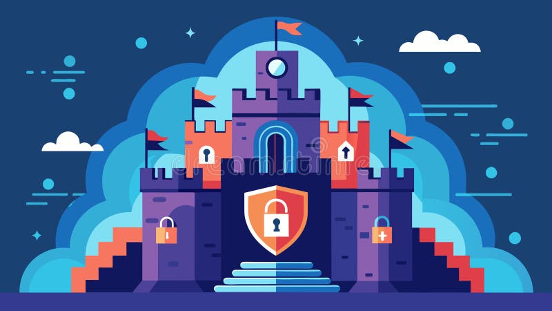 Цифровая крепость, окруженная слоями непередаваемого шифрования, защищающего ценные данные от киберугроз. иллюстрация вектора