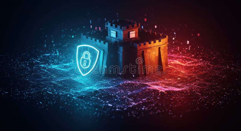 Цифровая крепость со светящимся щитом и замком, защищающая данные в сети иллюстрация вектора