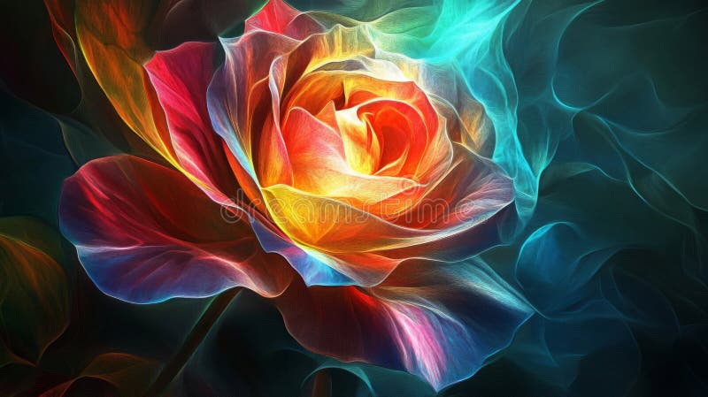 Цифровое искусство Rainbow Rose со светящимися лепестками иллюстрация вектора
