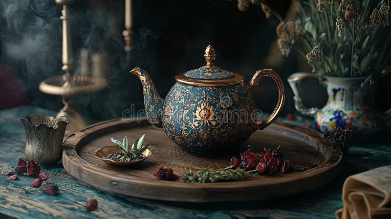 Чайная композиция с травами и старинным чайником на деревянном подносе. стоковые изображения