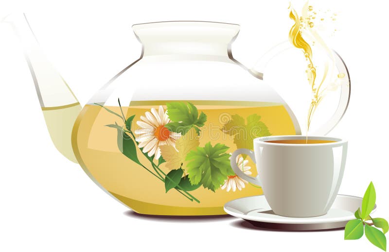 Стеклянные чашка и чайник чая бергамота Иллюстрация штока - иллюстрации .