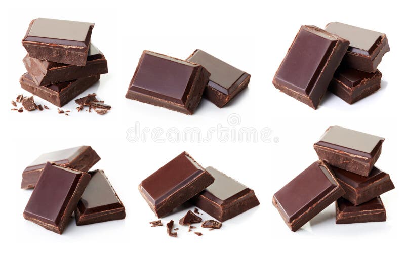 Collection of various dark chocolate pieces isolated on white background. Collection of various dark chocolate pieces isolated on white background