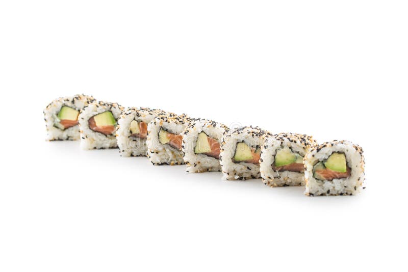 Часть uramaki суш изолированная на белой предпосылке стоковые фотографии rf Часть uramaki суш изолированная на белой предпосылке стоковые фотографии rf