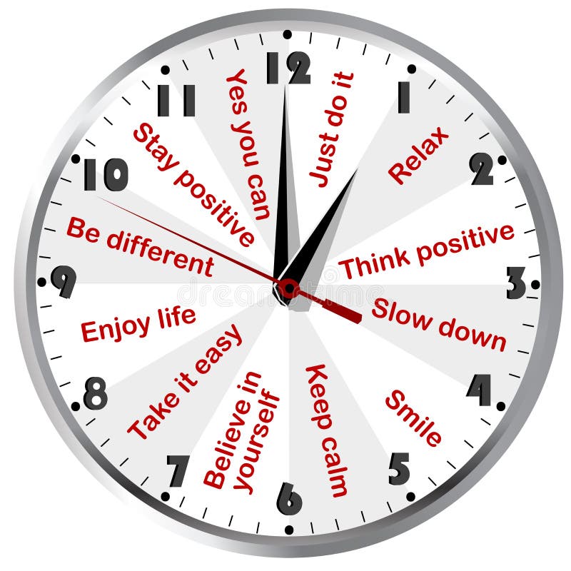 Clock with motivational and positive thinking messages on white background. Clock with motivational and positive thinking messages on white background