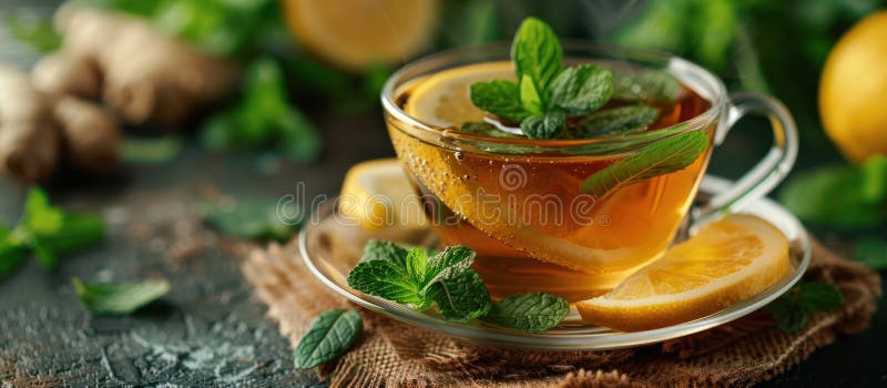 A cup of hot green tea infused with the refreshing flavors of lemon and mint, perfect for a relaxing break. AI generated. A cup of hot green tea infused with the refreshing flavors of lemon and mint, perfect for a relaxing break. AI generated