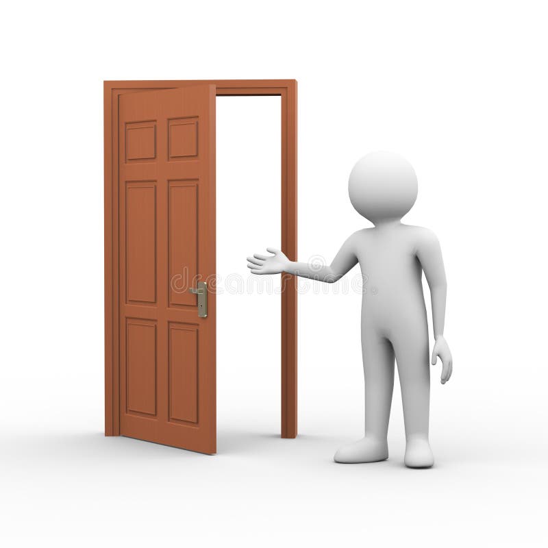 3d illustration of man inviting to open door. 3d human person character and white people. 3d illustration of man inviting to open door. 3d human person character and white people