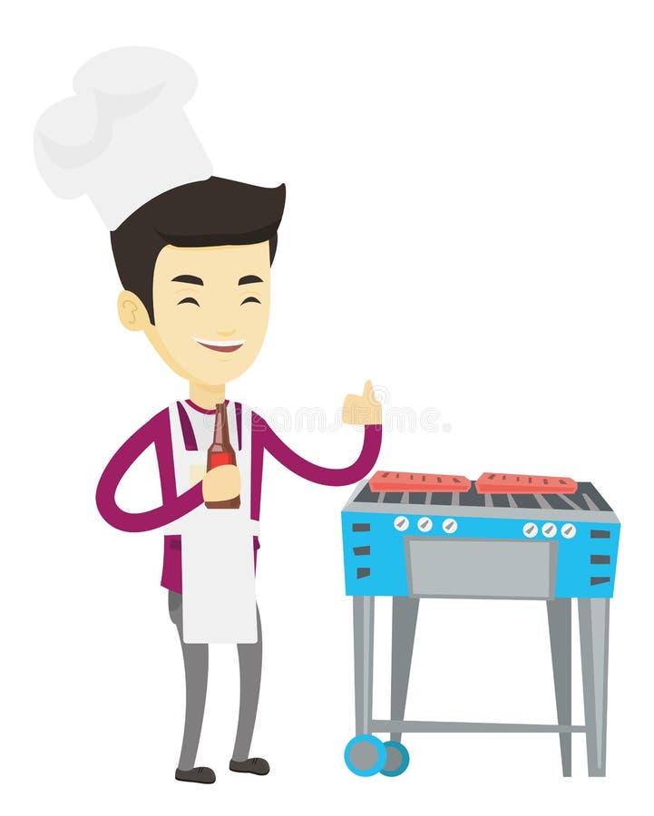 Asian man cooking steak on the barbecue grill. Man with a bottle of beer in hand cooking steak on gas barbecue grill and giving thumb up. Vector flat design illustration isolated on white background. Asian man cooking steak on the barbecue grill. Man with a bottle of beer in hand cooking steak on gas barbecue grill and giving thumb up. Vector flat design illustration isolated on white background.