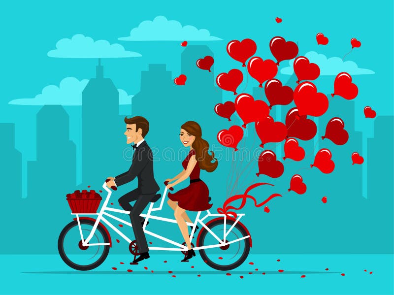 Человек и женщина в влюбленности ехать тандемный велосипед с воздушными ...