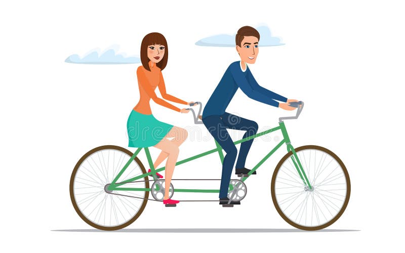 Человек и женщина на двойном велосипеде Молодые пары ехать тандемный ...