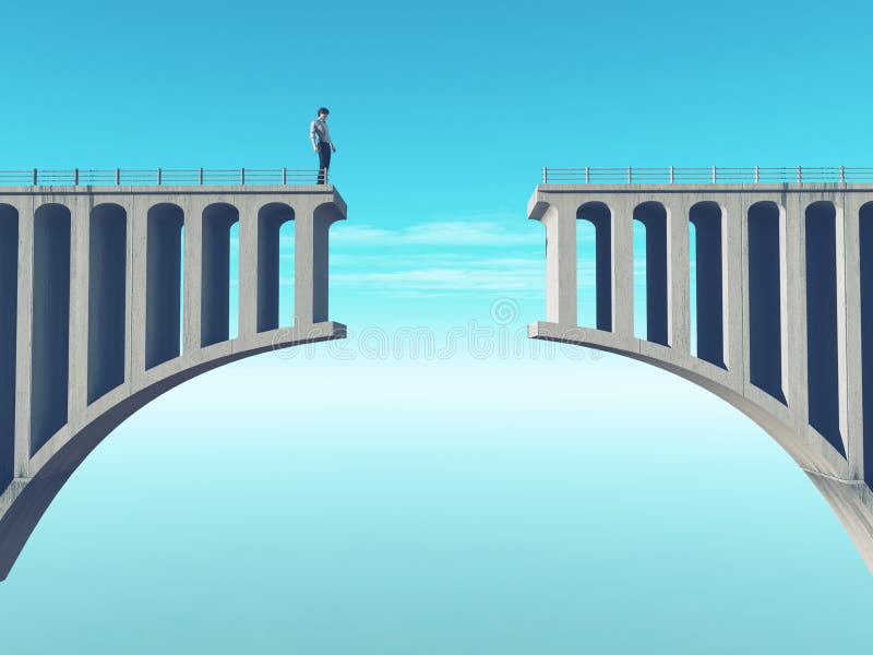 Man in front of a broken bridge. This is a 3d render illustration. Man in front of a broken bridge. This is a 3d render illustration