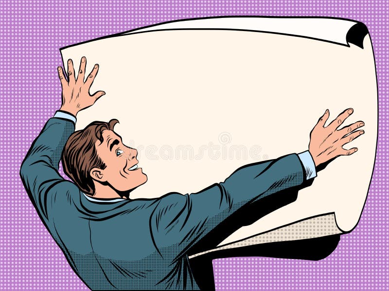 Человек рекламы с местом знамени для текста Бизнесмен дает большой ...