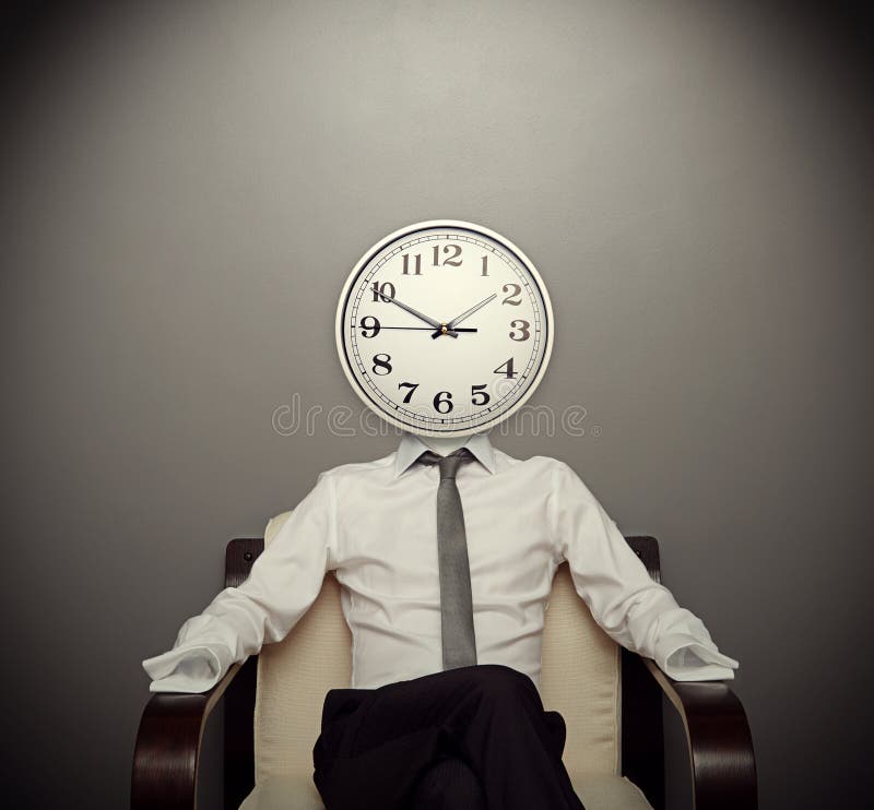 Man with a clock instead of a head sitting on chair. Man with a clock instead of a head sitting on chair