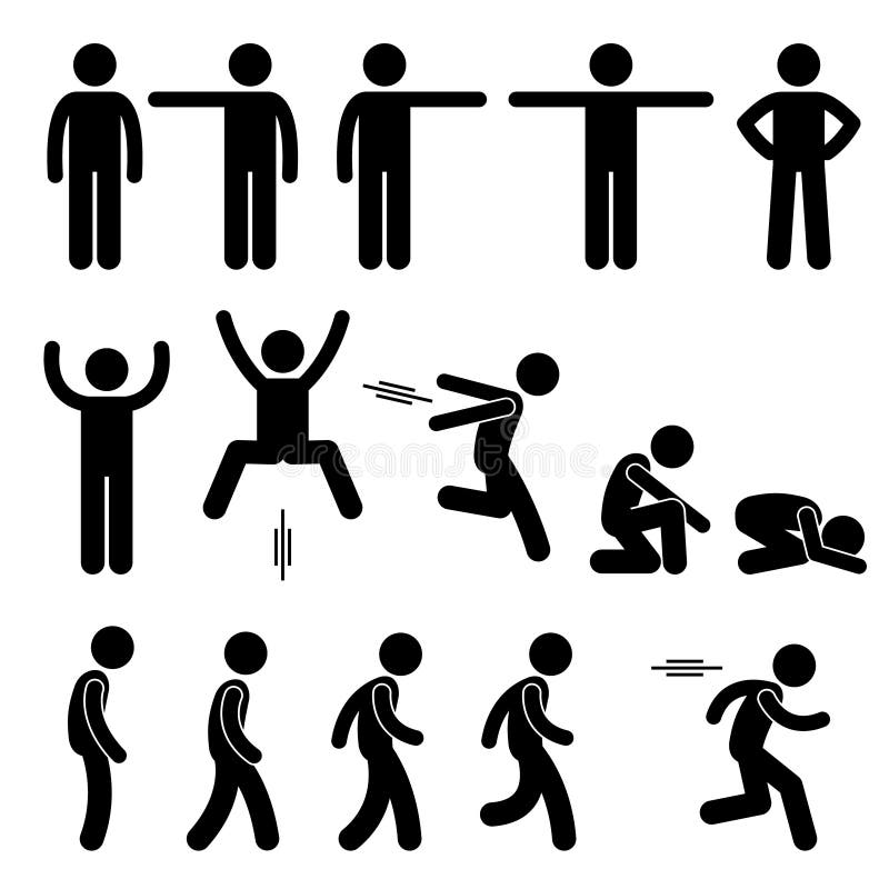 A set of human pictogram representing basic human poses such as standing, pointing, jumping, walking and running. A set of human pictogram representing basic human poses such as standing, pointing, jumping, walking and running.