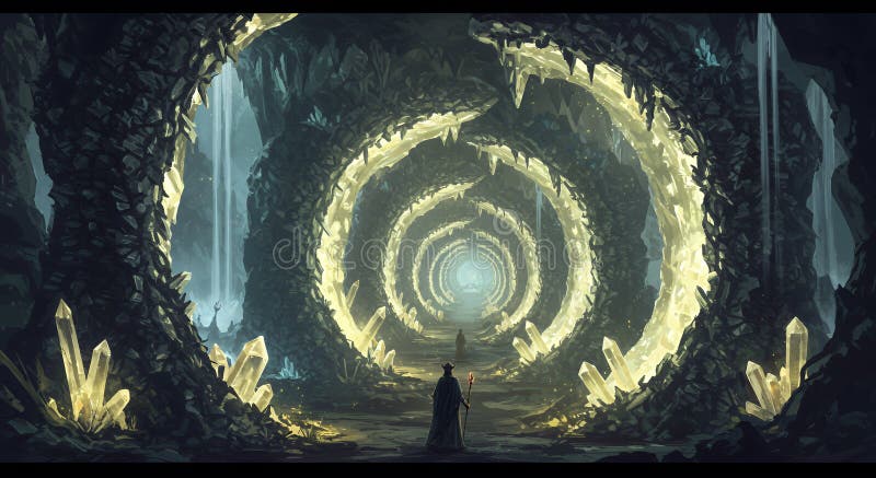 Человек в светящейся хрустальной пещере : Фантазия Pixel Art иллюстрация штока