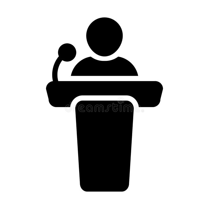 Public Speaking Icon Vector Male Person on Podium for Presentation and Seminar for People with Microphone in Glyph Pictogram Symbol illustration. Public Speaking Icon Vector Male Person on Podium for Presentation and Seminar for People with Microphone in Glyph Pictogram Symbol illustration