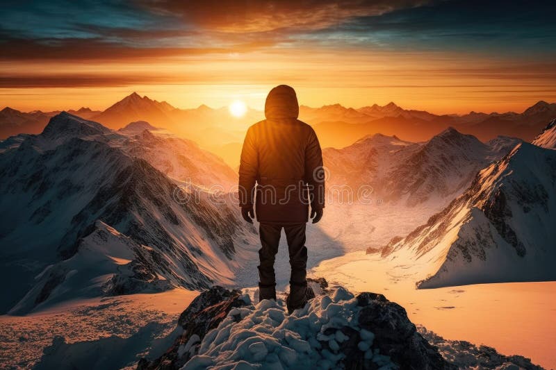 человек с видом на солнце, заходящее за горный хребет, стоящий на снегопаде