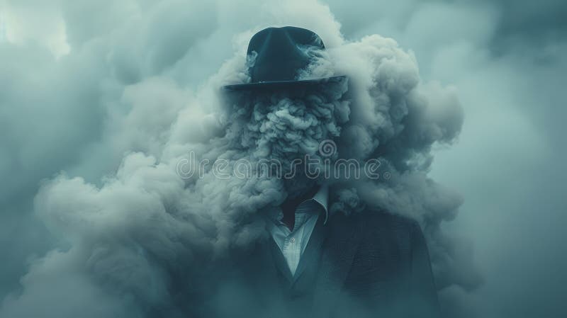 Man with head engulfed in clouds of smoke. AI generated. Man with head engulfed in clouds of smoke. AI generated