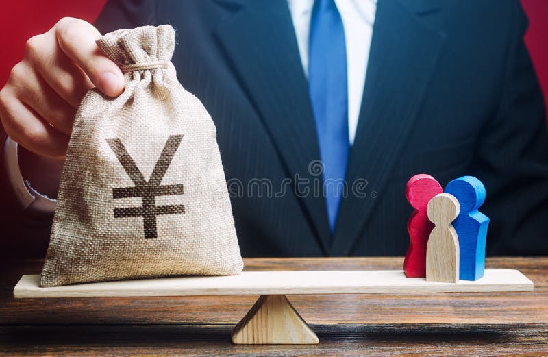 Man puts Yen yuan money bag on scales with a family. Help aid migrants. Social assistance, financial support for who in need, vulnerable populations. Charitable donations, invest in human capital. Man puts Yen yuan money bag on scales with a family. Help aid migrants. Social assistance, financial support for who in need, vulnerable populations. Charitable donations, invest in human capital