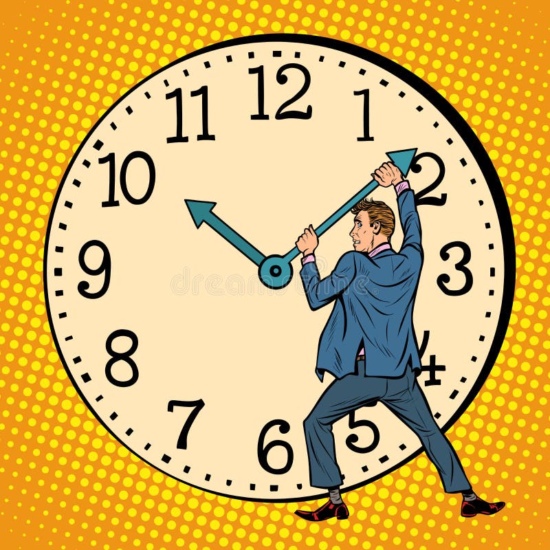 Man wants to stop the clock. Time management. Pop art retro vector illustration vintage kitsch drawing. Man wants to stop the clock. Time management. Pop art retro vector illustration vintage kitsch drawing