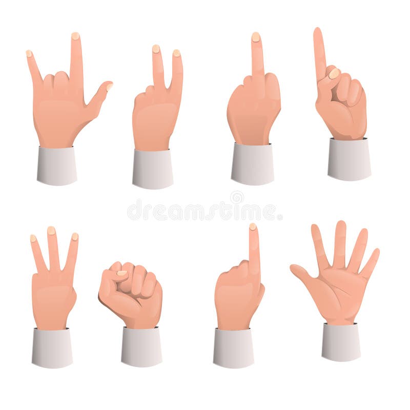 Various gestures human arm: pointing, attention, fist, thumb up, etc...Hand gestures flat icons set. Set of hand gesture cartoon. Vector illustration. Various gestures human arm: pointing, attention, fist, thumb up, etc...Hand gestures flat icons set. Set of hand gesture cartoon. Vector illustration