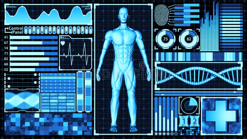 Человеческое тело перевода 8k 3d и интерфейс экрана монитора hud абстрактных анализа сканирования двойной спирали ДНК медицинский бесплатная иллюстрация