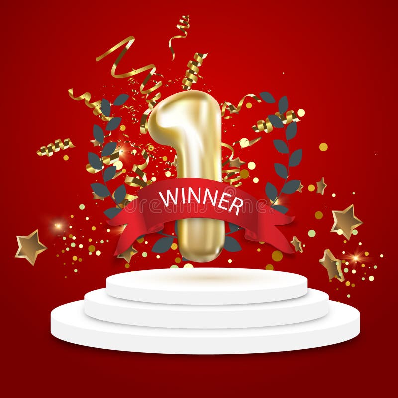 Чемпион, победитель, предпосылка одно с красной лентой, оливковая ветка и confetti на круглом постаменте изолированном на сини Пл иллюстрация штока Чемпион, победитель, предпосылка одно с красной лентой, оливковая ветка и confetti на круглом постаменте изолированном на сини Пл иллюстрация штока