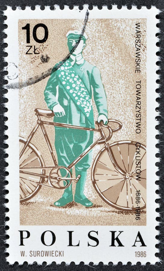 Cancelled postage stamp printed by Poland, that shows Mieczys?aw Baranski, Polish Champion, 1896, Warsaw Cyclists Society Centenary, circa 1986. Cancelled postage stamp printed by Poland, that shows Mieczys?aw Baranski, Polish Champion, 1896, Warsaw Cyclists Society Centenary, circa 1986.