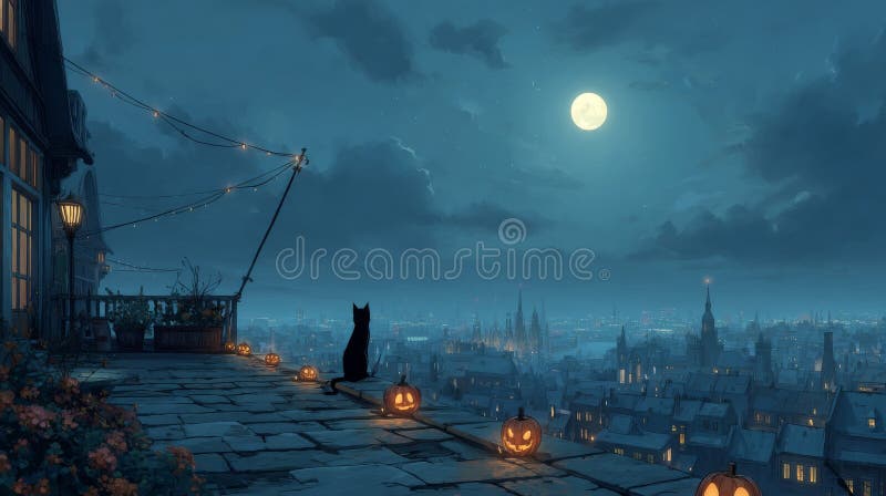 Черная кошка на крыше в Halloween Cityscape иллюстрация вектора