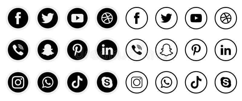 Черно-белые затеняя социальные значки сми установили whatsapp instagram pinterest facebook, twitter