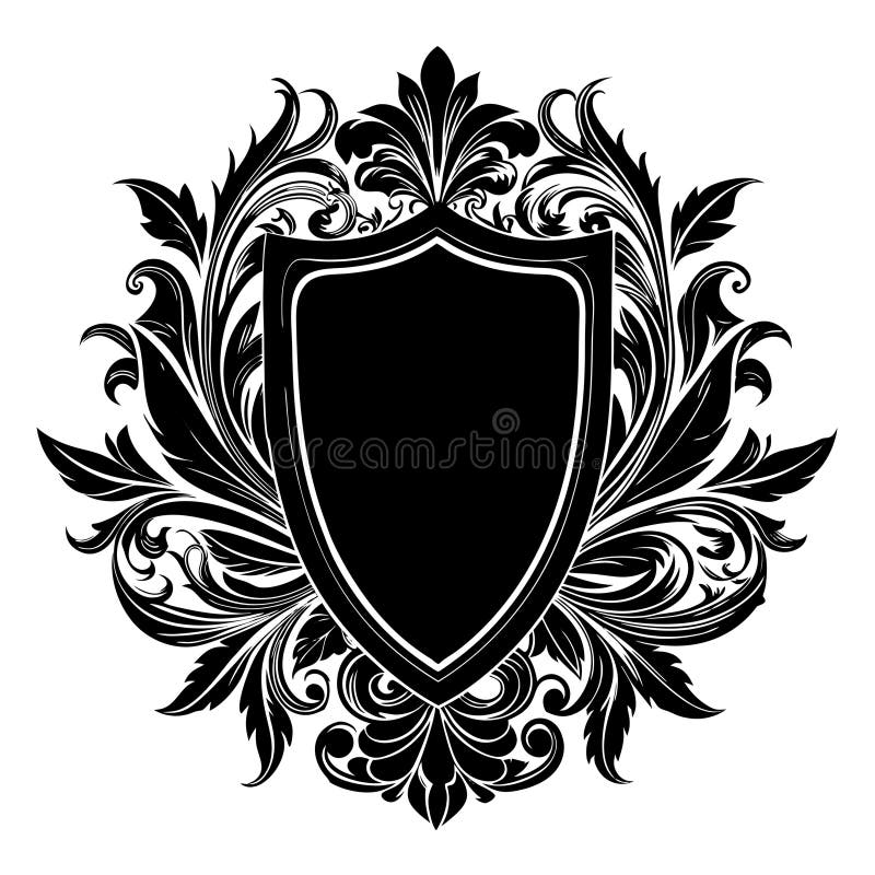 Черно-белый щит с листьями и цветами иллюстрация вектора