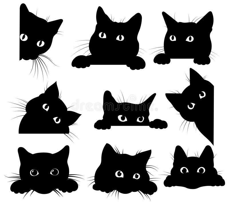 Черные кошки смотрят из угла Коллекция кошек, которые шпионят за тобой Играющие домашние животные Татуировка иллюстрация вектора